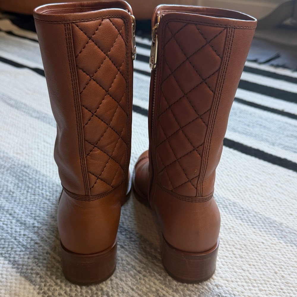 Chanel CC Quilted Leather Mid Calf Caramel Brown Boots 37.5 - Picture 5 of 9